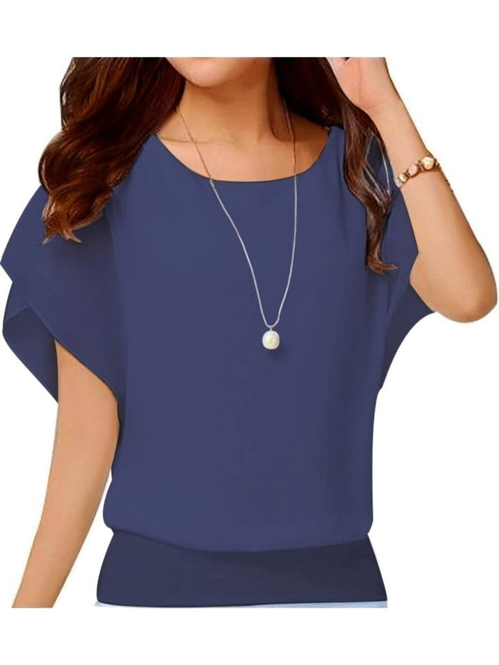Women's Navy Blue Elegant Loose Casual Short Sleeve Chiffon Top T Shirt Blouses